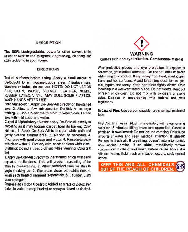 Product label with directions, warnings, and safety information on a white background