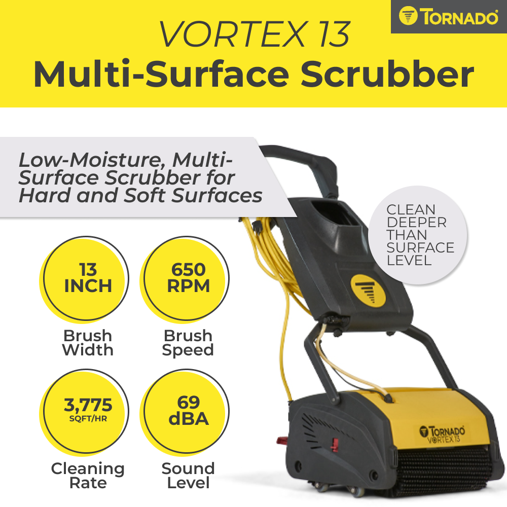 Tornado Vortex 13 Multi-Surface Scrubber with specifications on a yellow background