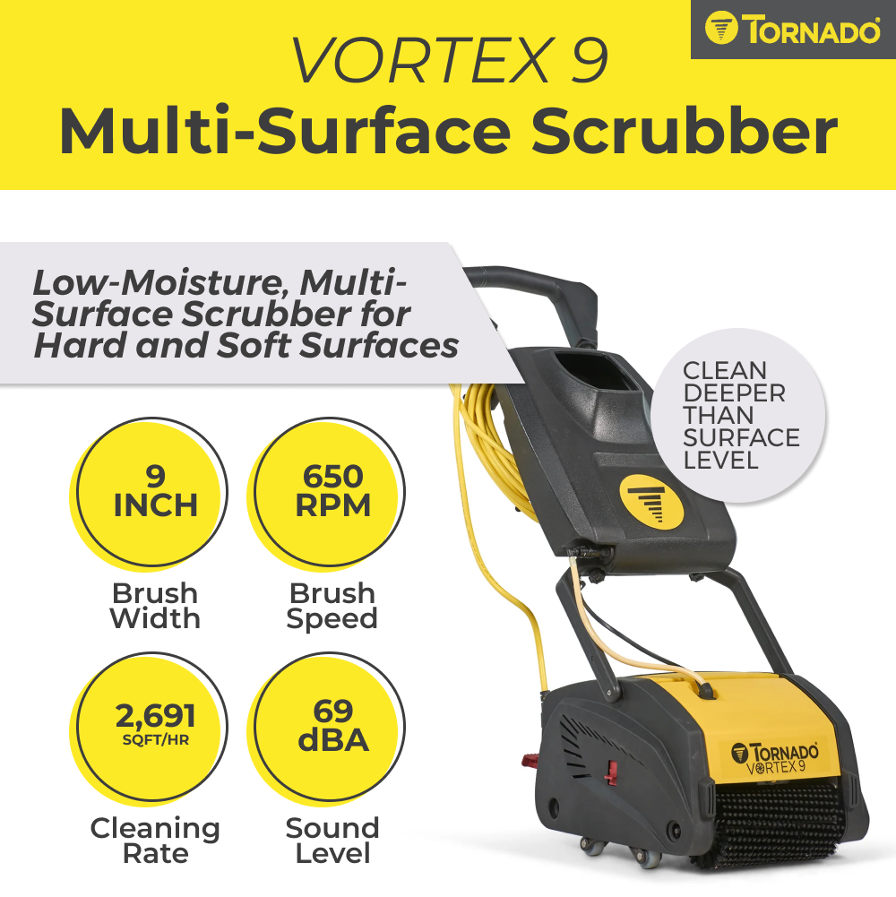 Vortex multi-surface scrubber with features and cleaning capabilities on a yellow background