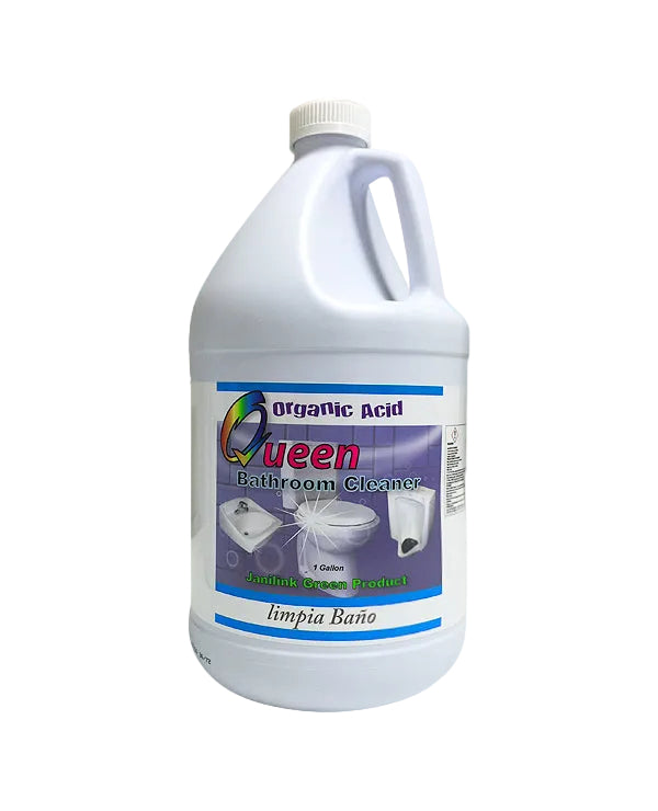 Bottle of Queen Bathroom Cleaner on a light blue background