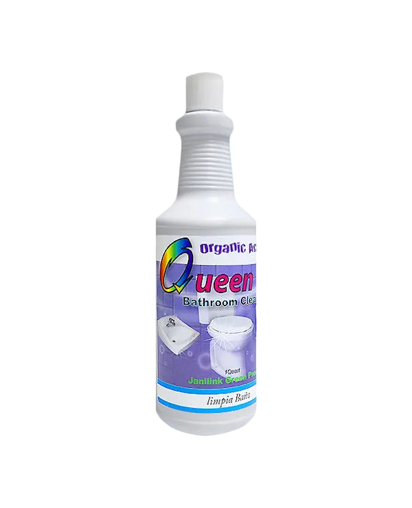 Bottle of Queen Bathroom Cleaner on a light blue background