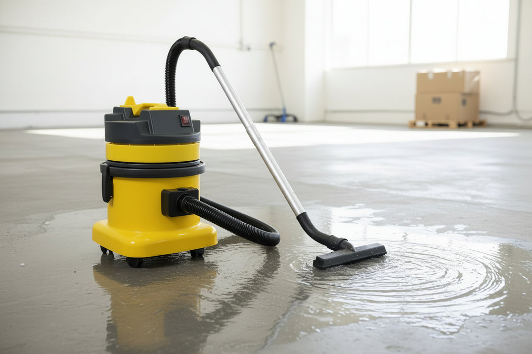 Yellow and black wet dry vacuum cleaning a wet floor.